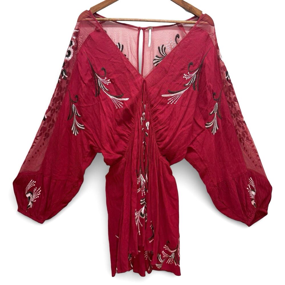 Free People Bonjour Mini Dress Size L Red Embroidered Floral Ballon Flowy Boho - Picture 4 of 15